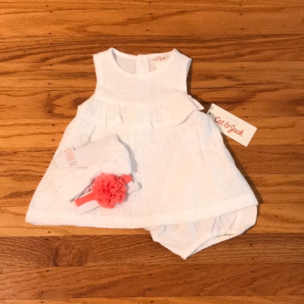 Cat and Jack baby dress with Carters bows on side.